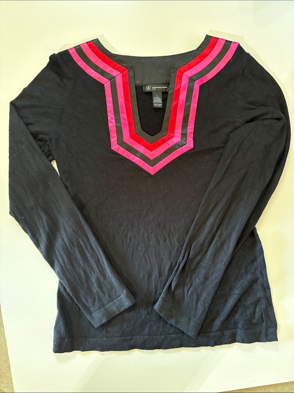 INC International Concepts Black Long Sleeve Top with Pink and Red V-Neck Trim